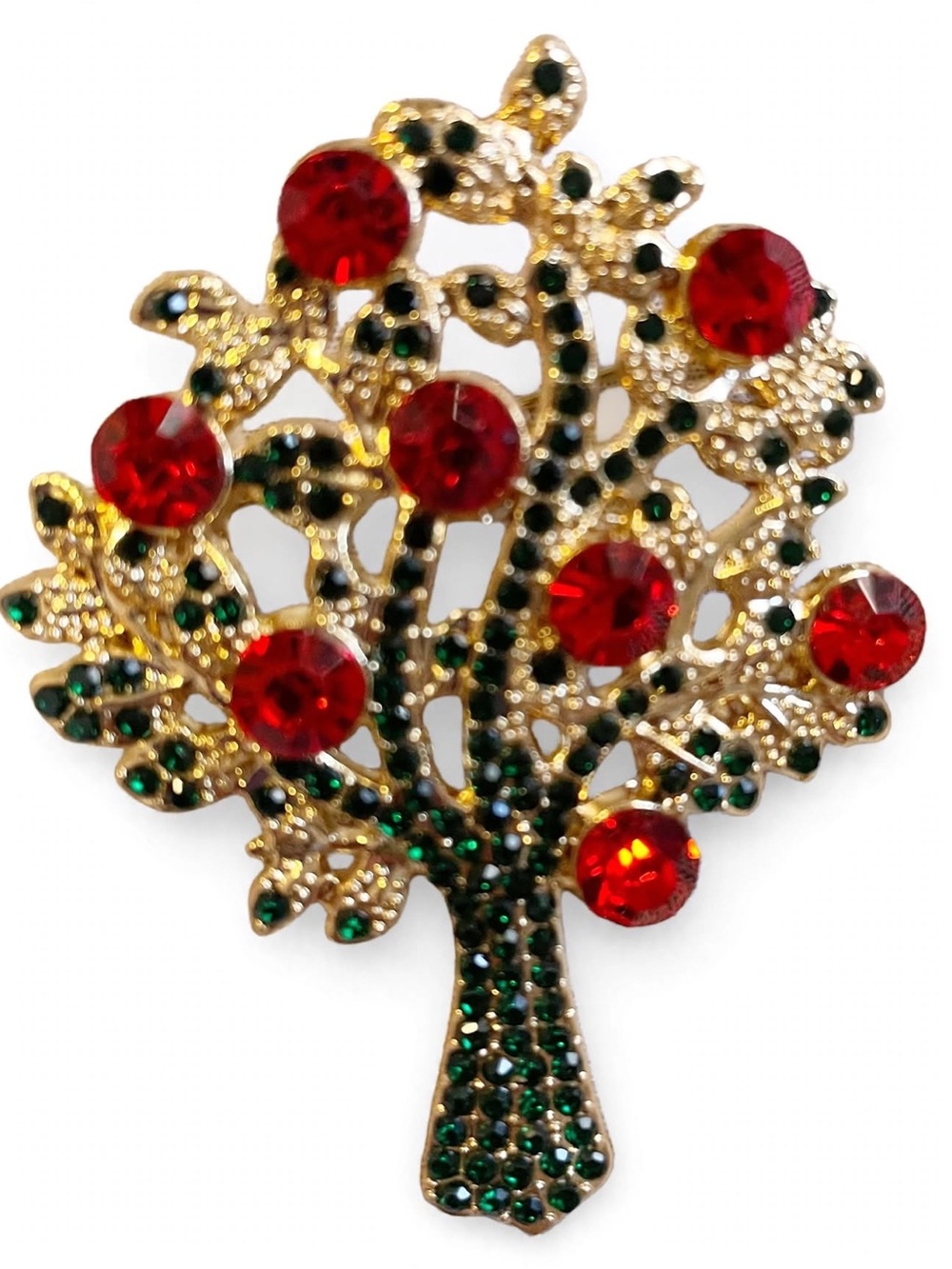 Gold Tree Brooch with Red and Green Crystals - Women Jewelry